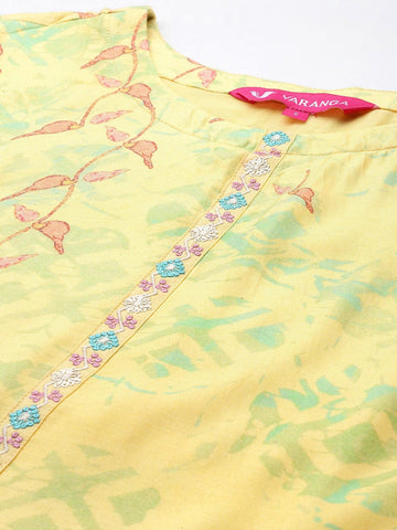 Varanga Women Yellow Abstract Printed Round Neck Straight Pure Muslin Kurta Paired With Tonal Bottom And   Organza Embroiderd Dupatta